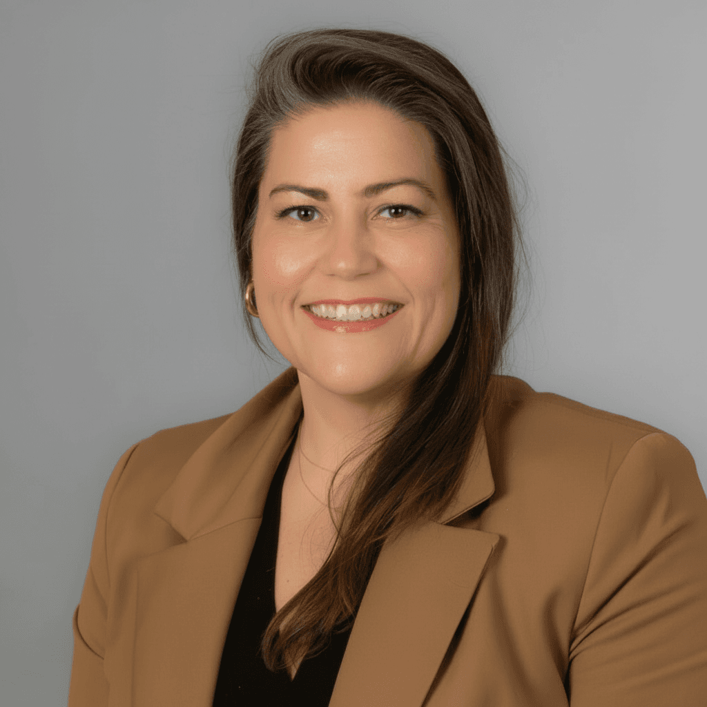Smiling woman with long brown hair wearing a tan blazer in a professional headshot.